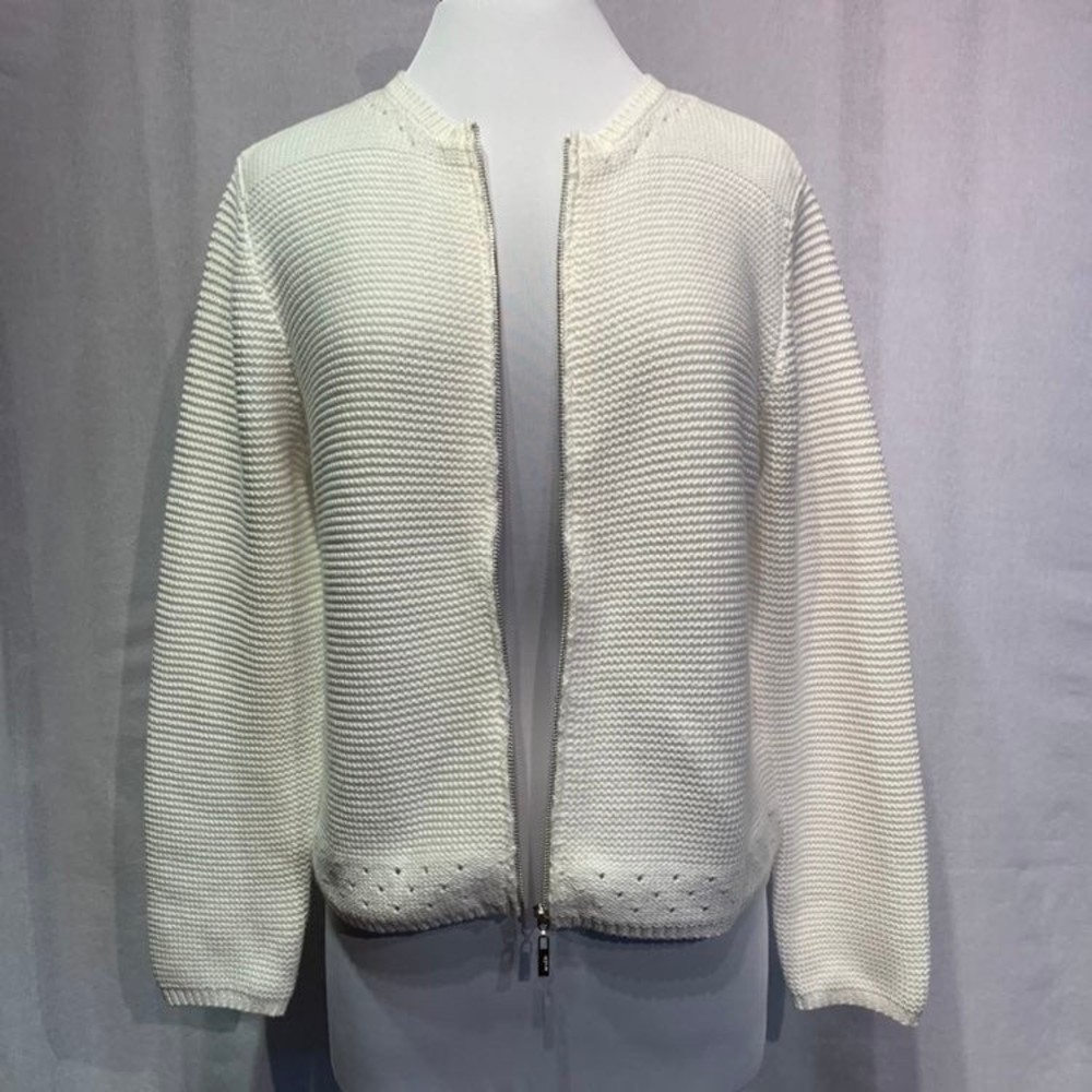 Marble Cream White Ribbed Pointelle knit full zip Cardigan Women's Medium - Picture 9 of 12